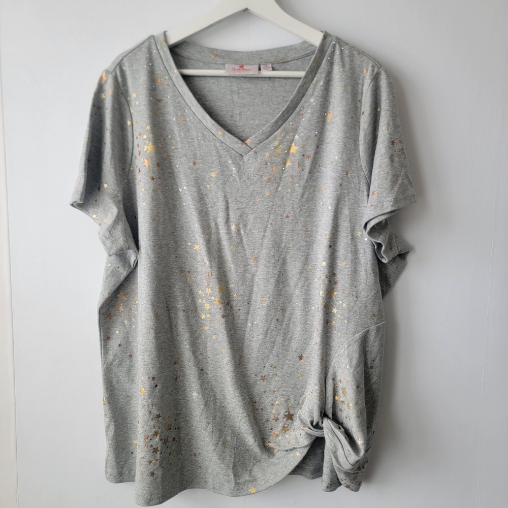 Quacker Factory women's gray V-neck t-shirt size 1X star print side tie-front